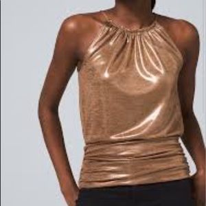 White House Black Market metallic banded date night halter top gold lamé S NWT
